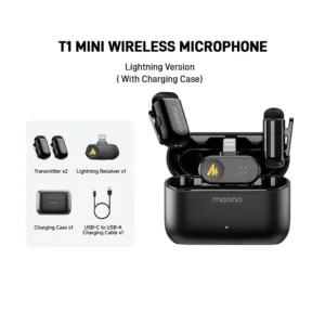Kit de Microfones de Lapela Maono Sem Fio Wave T1 Mini Lightning com Case de Carregamento WM622 Lightning