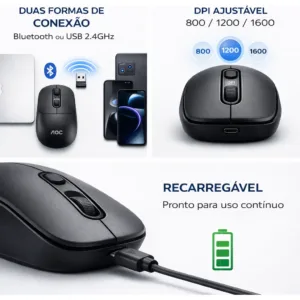 Mouse Sem Fio Aoc Ms300b Bluetooth Usb 1600 Dpi Recarregável