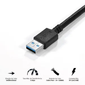 Cabo Extensor USB A 3.0 Macho para USB A 3.0 Fêmea 28AWG pura Cobre 2 Metros PUAMF3-2 29304 - Pcyes