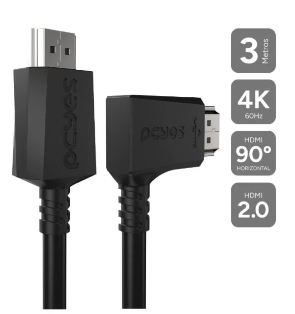 Cabo Hdmi 2.0 Conector 90º Horizontal Preto 3 Metros Phm20-3H-001 - Pcyes