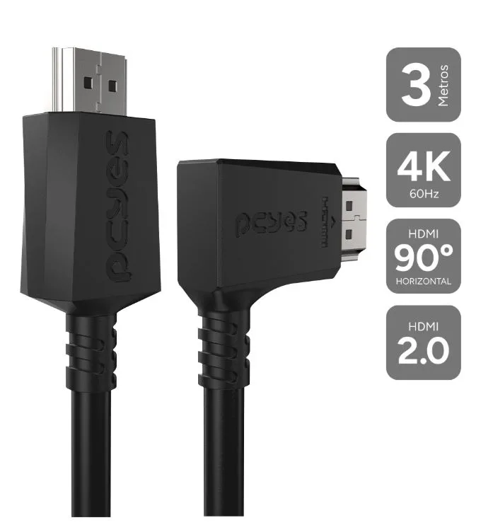 Cabo Hdmi 2.0 Conector 90º Horizontal Preto 3 Metros Phm20-3H-001 - Pcyes