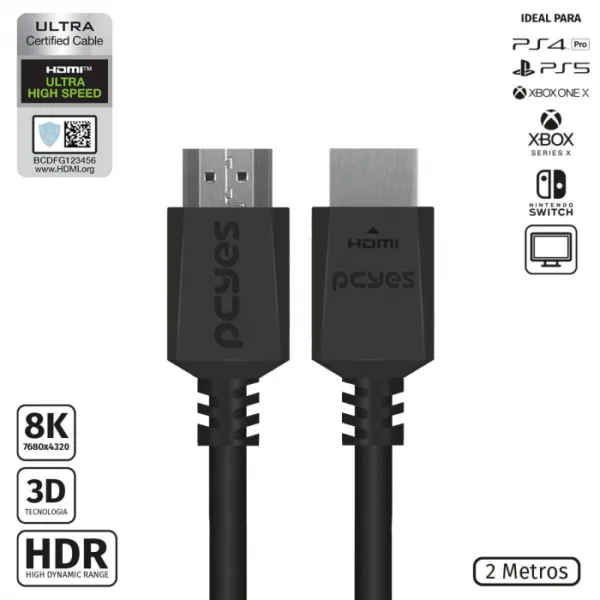 CABO HDMI ULTRA 2.1 28AWG PURO COBRE 8K 60HZ 2 METROS PHM8K-2 - PCYES