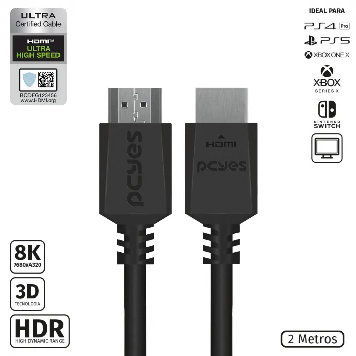 CABO HDMI ULTRA 2.1 28AWG PURO COBRE 8K 60HZ 2 METROS PHM8K-2 - PCYES