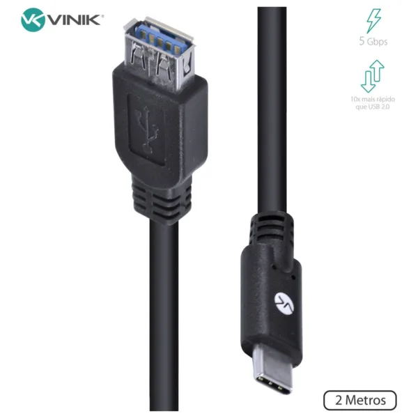 Cabo USB Tipo C para Extensor USB A Fêmea 3.2v GEN1 5Gbps 2 Metros C32UAF-2 31450 - Vinik