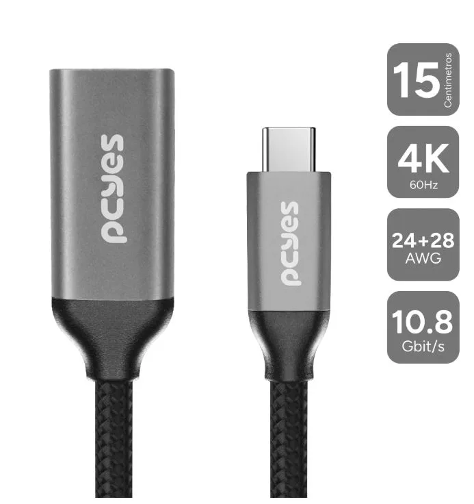 Cabo Usb Tipo-C Para Hdmi Fêmea 2.0 4K/60Hz Preto 15Cm Nylon Pucf-15P - pcyes