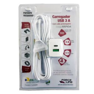 CARREGADOR USB A+C COM CABO PROLONGADOR DE 1,5M 0600200116 - FORCELINE