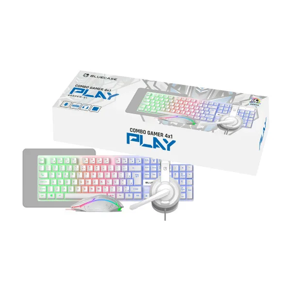 Combo Gamer Bluecase Play 4 em 1 Branco com Teclado, Mouse, Headset e Mousepad RGB Rainbow BGHPKM-01WBX