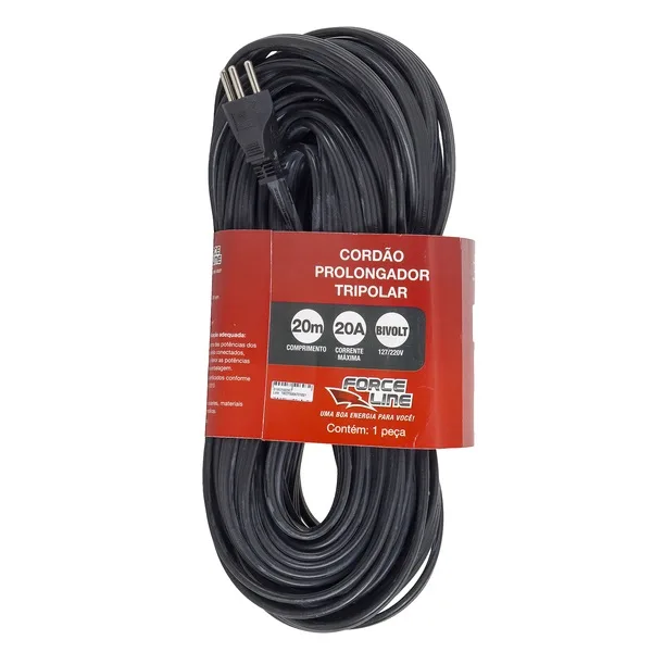 CORDAO PROLONGADOR TRIPOLAR 3X2,5MM 20M 20A PRETO 0180200367 - FORCELINE
