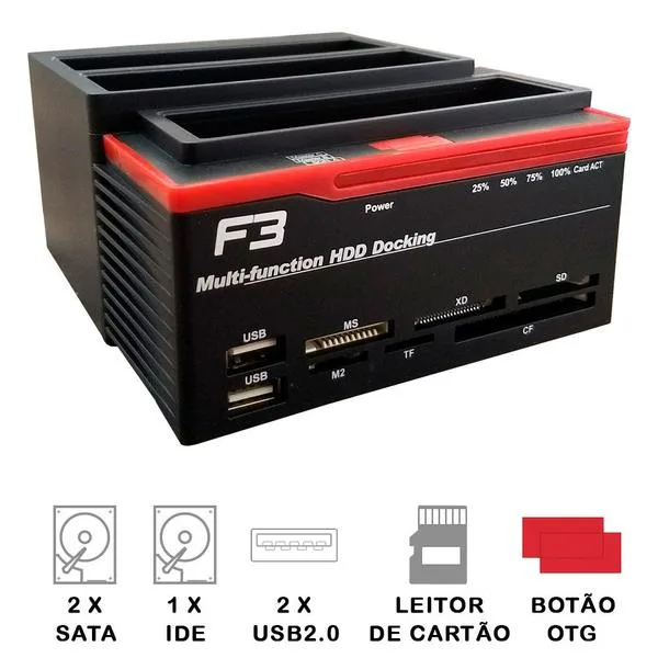 Dock Station F3 para 2 HDs SATA + 1 HD IDE 2.5" e 3.5" USB 3.0 JC-DOC893U3