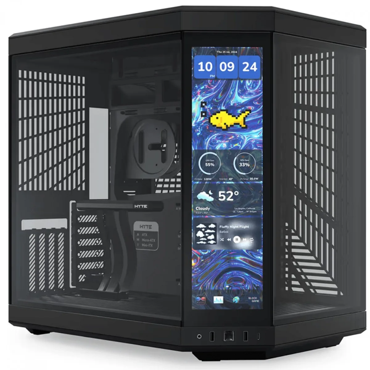 Gabinete Gamer Hyte Y70 Touch Infinite Pitch Black, Com Display 2.5K 14.9 Pol Touch Mid Tower Vidro Temperado EATX Sem Fans Preto CS-HYTE-Y70TTI-BB
