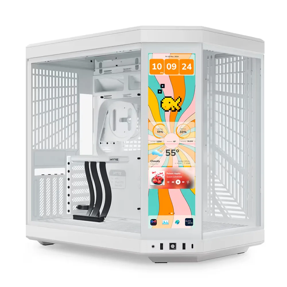 Gabinete Gamer Y70 Hyte Touch Snow White Com Display 2.5K 14.9 Pol Touch Mid Tower Vidro Temperado EATX Sem Fans Branco CS-HYTE-Y70TTI-WW
