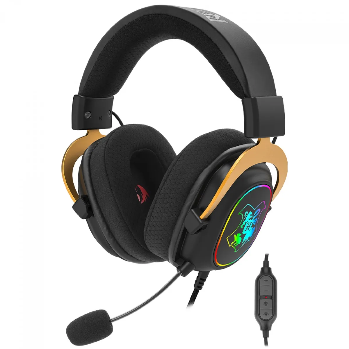 Headset Gamer Redragon Harry Potter Zeus Hogwarts RGB USB Surround 7.1 Virtual Com Kit Customização Preto e Dourado HP-510 RGB