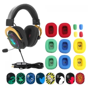 Headset Gamer Redragon Harry Potter Zeus Hogwarts RGB USB Surround 7.1 Virtual Com Kit Customização Preto e Dourado HP-510 RGB