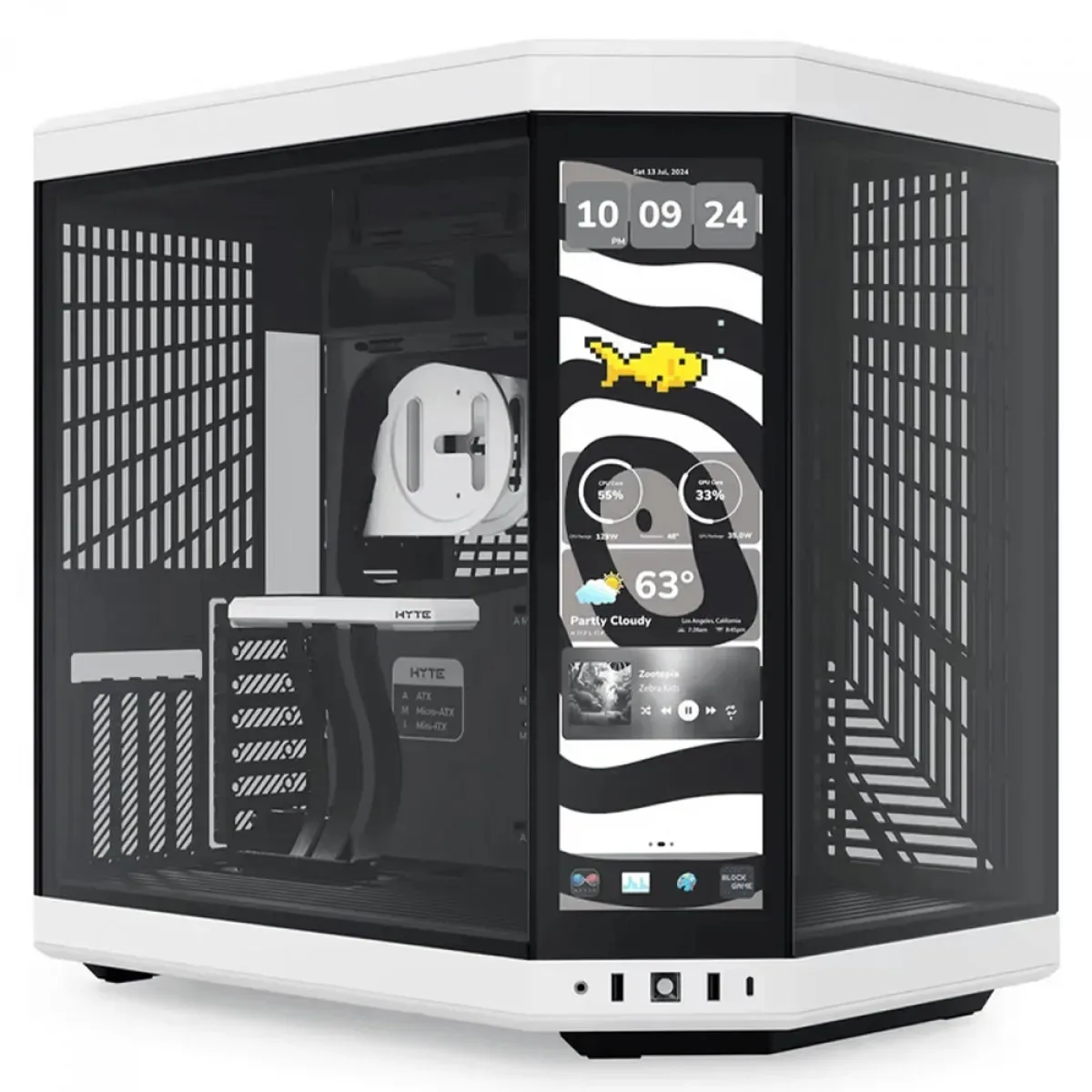 Gabinete Gamer Hyte Y70 Touch Infinite Panda Com Display 2.5K 14.5 Pol Touch Mid Tower Vidro Temperado EATX Sem Fans Preto e Branco CS-HYTE-Y7