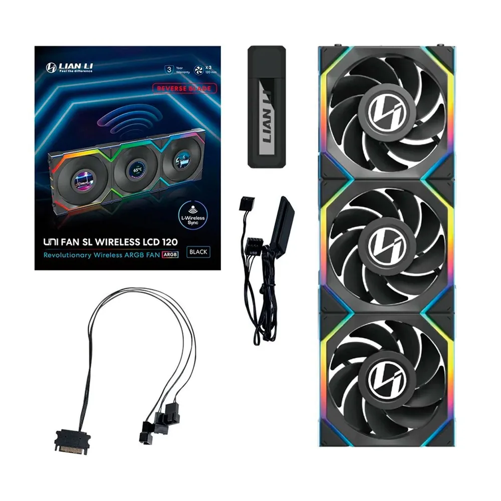 Kit Fan Lian Li UNI FAN SL Wireless LCD Reverse Blade ARGB 3x120mm Preto 12RSLLCD1W3B