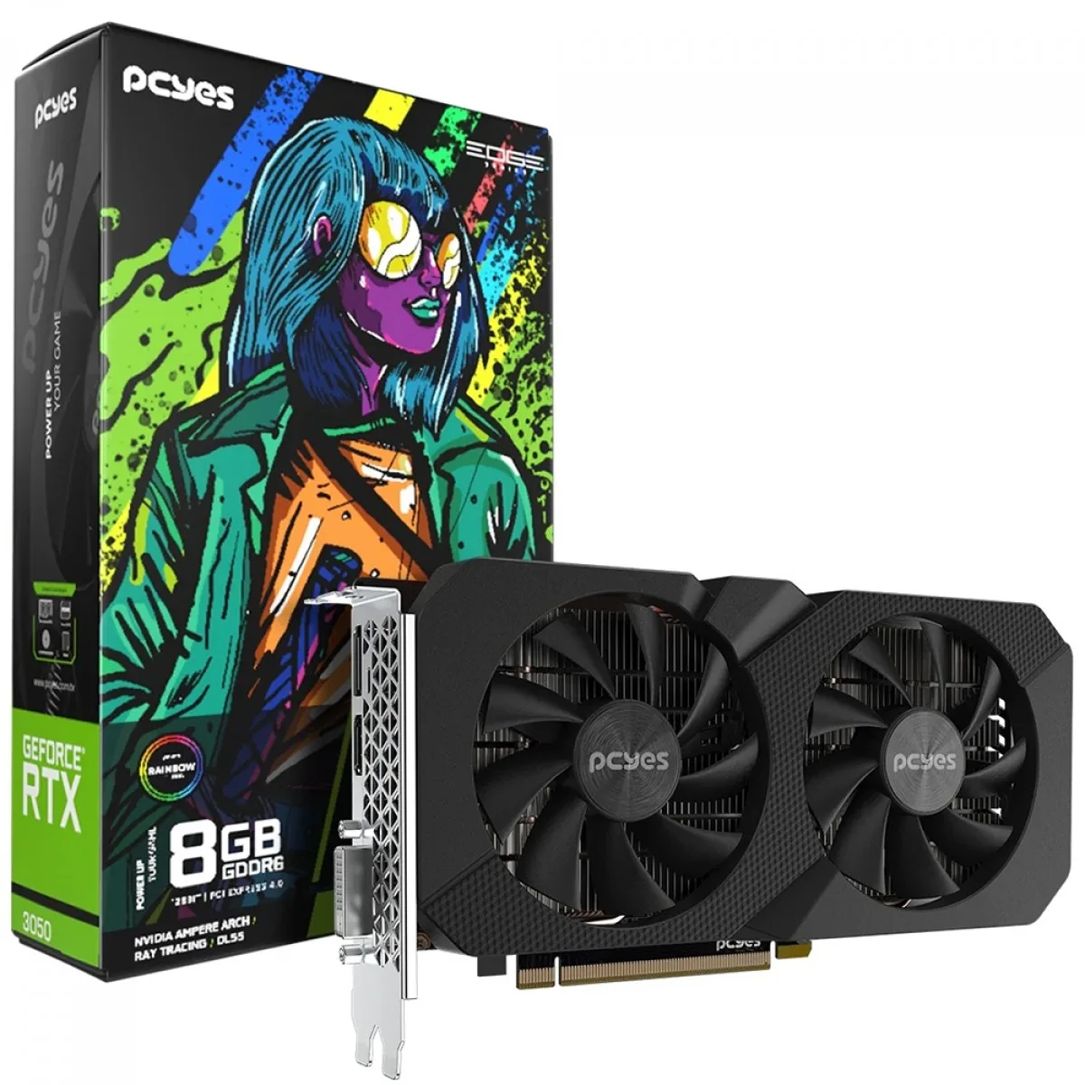 Placa de Vídeo Pcyes GeForce RTX 3050 Projeto Edge 8GB GDDR6 DLSS Ray Tracing PVRTX30508BLPE