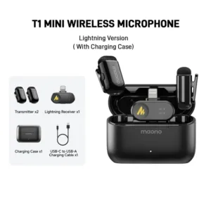Microfone de Lapela Sem Fio Maono Wave T1 Mini USB Tipo-C + Lightning Preto - WM622