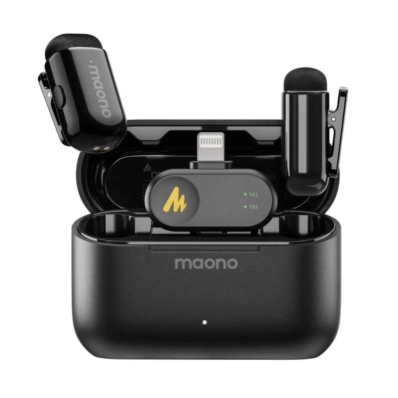 Microfone de Lapela Sem Fio Maono Wave T1 Mini USB Tipo-C + Lightning Preto - WM622